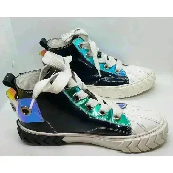 Black Leather Hi Top Sneakers Iridescent Eyelet & Heel D:fuse Scandinavia RARE - Picture 2 of 16